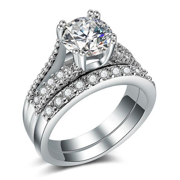 

elegant wedding engagement rings set 2 pcs silver anniversary accessories with full shiny cubiz zircon stone