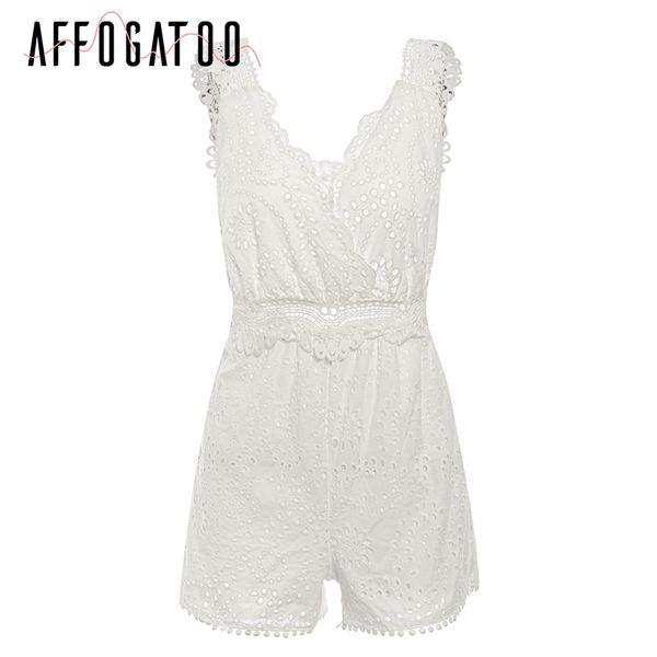 

affogatoo v neck backless lace white jumpsuit women vintage embroidery tassel summer romper beach ladies playsuit plus size, Black;white