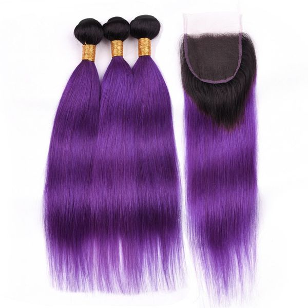 1b Purple Ombre Indian Human Hair Straight Weave Bundles With