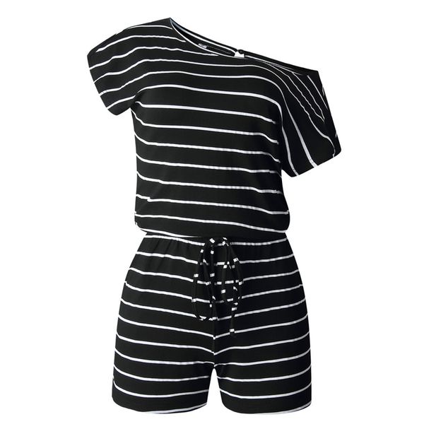 

summer female casual jumpsuits short sleeve min drawstring striped printed womerns rompers street style female clothing, Black;white