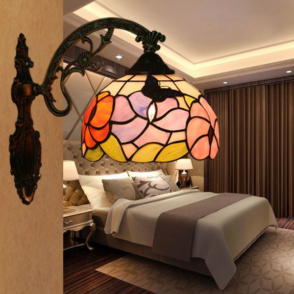 

tiffany wall lamp bedroom bedside wall sconce creative living room balcony aisle stairs vintage stained glass flowers wall lights for home