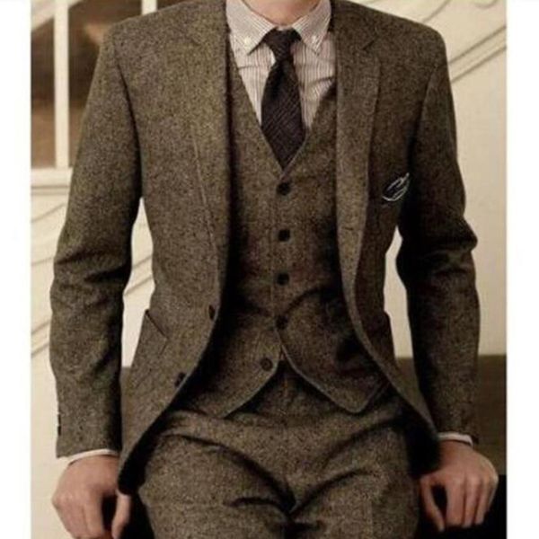 Gli uomini d'epoca si adattano a smoking lana tweed tweed 3 pezzi marrone eringbone vestito personalizzato slim fit sposo usura smoking smoking