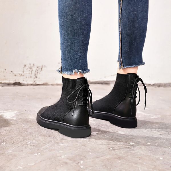 

designer- lace-up black boots shoes women female flats comfort casual warm booties women botas &426
