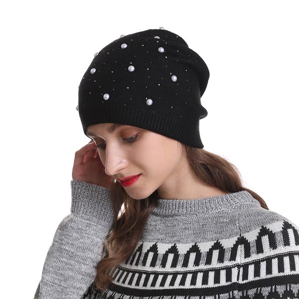 

female cashmere winter knitted hat for women hat wool beanies skullies pearl rhinestone beanie autumn girls gorros invierno, Blue;gray