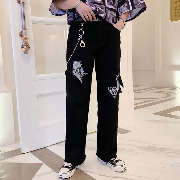 

men loose casual harem trousers metal chain spliced hole ripped jeans male streetwear hip hop punk gothic straight denim pants, Blue