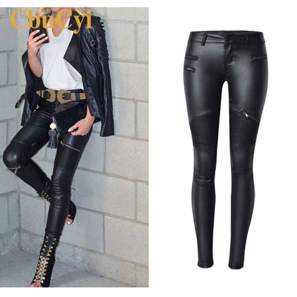 

spring fashion women brand clothing coated jeans pants spliced faux pu leather pants fitness lady long legging, Blue