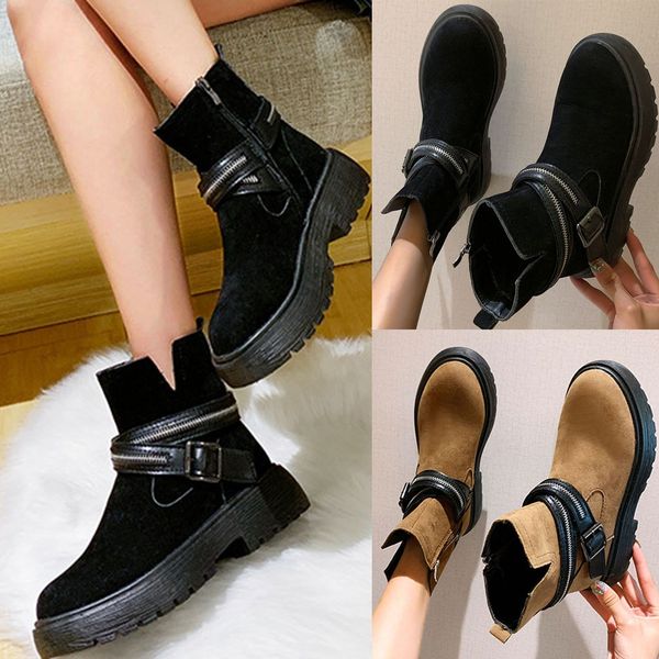 

boots women women's ankle fashion winter med zipper flock punk cool belt buckle split boots zapatos de mujer, Black
