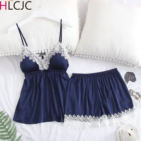 

2019 new pajama set women spring summer silk pyjamas lace sling satin sleepwear shorts sleeveless ladies home clothing 2pcs, Black;red