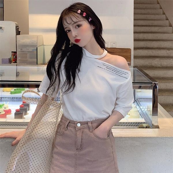 

6535 cotton 2019 t-shirt summer clothes shoulder-exposed letters personalized short-sleeved t-shirt women's student fashion, White