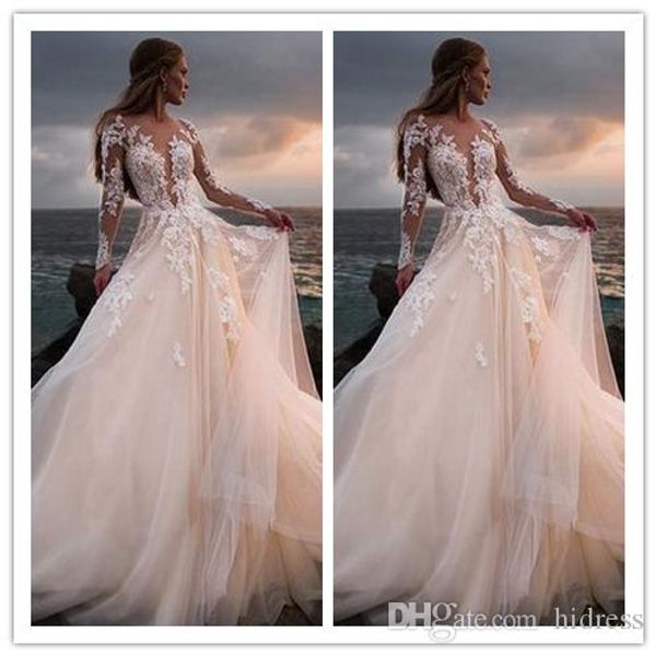 

bohemian a-line wedding dresses lace long sleeves v-neck beach sheer neck tulle front split wedding dress bridal gown robe de mariee, White