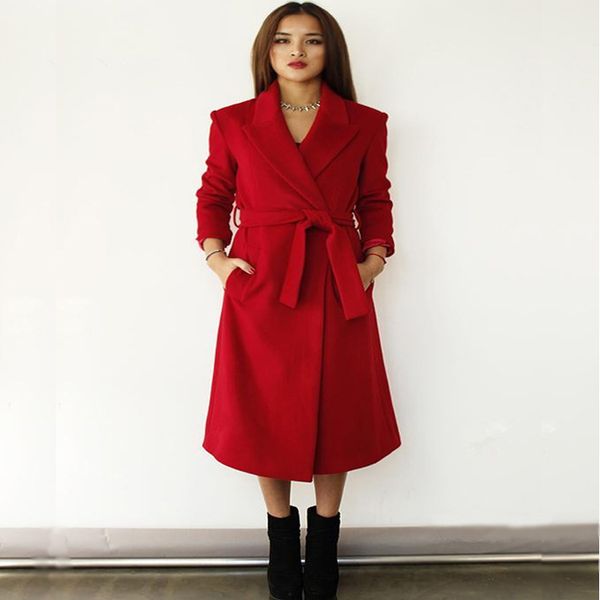 

office layd slim women long woolen coat fashion solid women's jacket belt cashmere coat and jacket, Black