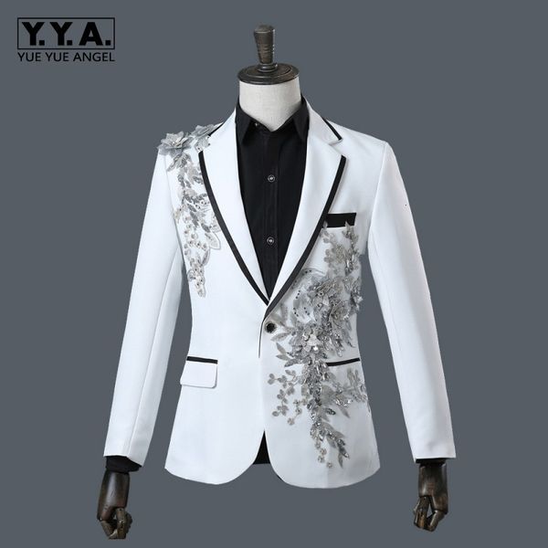 

latest design mens formal sequins floral embroidery wedding suits slim fit white blazer pants set show costumes homme groom suit, White;black