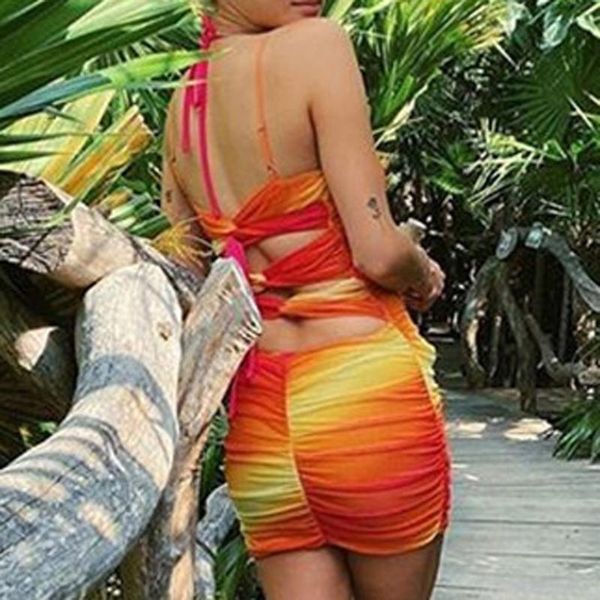 

night club party bodycon mini dress woemn bandeau tie-dye printed spaghetti strap dress summer camisole ruched dresses ju4, Black;gray