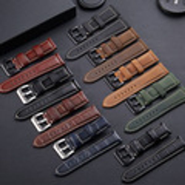 

watchbands 20 22 24 26mm genuine leather dark brown black man women handmade vintage scrub wrist watch band strap metal buckle, Black;brown