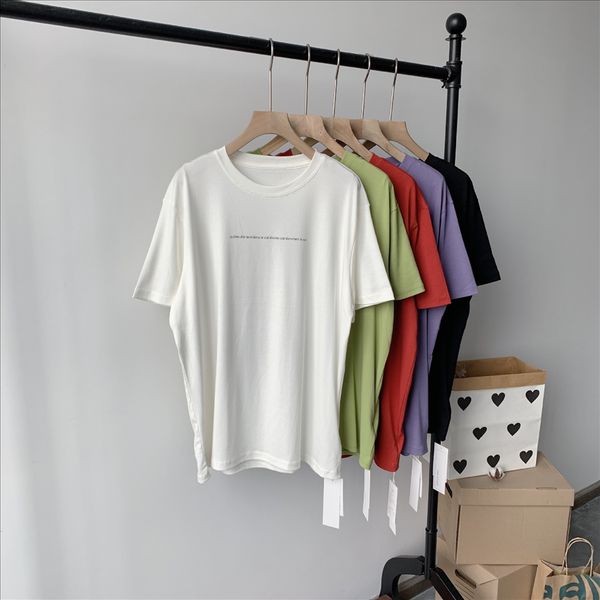 

fan yi clothing 2020 summer clothes round collar solid color small clothing letter printing ins all-match slim casual short sleeve t, White