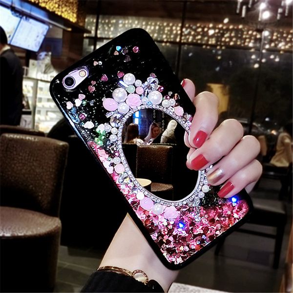 

for iphone x xs xr max 7 6 6s 8 plus glitter quicksand cover phone back cases dynamic liquid mirror rhinestone bling flowers fundas