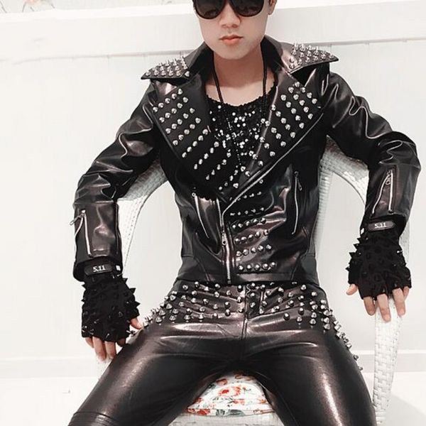 

2020 new fashion mens punk rock costume rivets spike motorcycle jacket pu leather coats plus size mlxl2xl3xl, Black