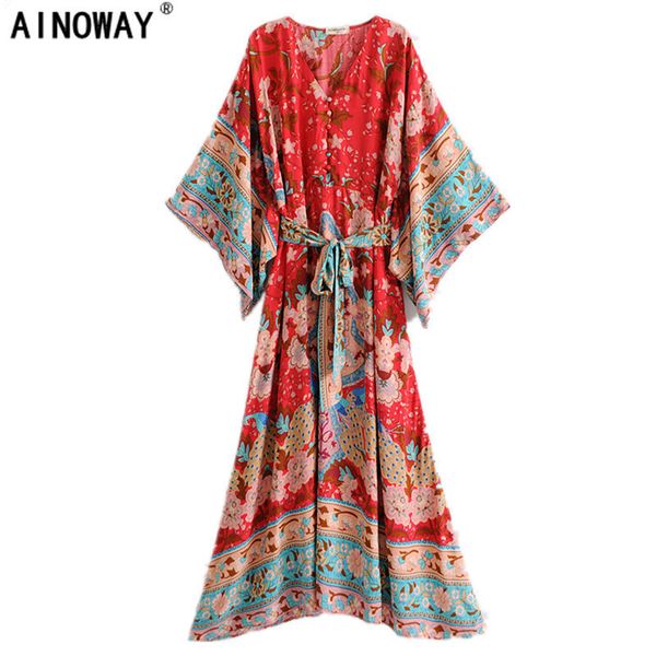

vintage chic women red floral print bat sleeve beach bohemian dresses kimono ladies v neck sashes boho maxi dress vestidos, Black;gray