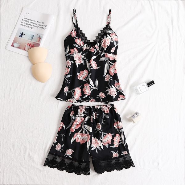 

satin pajama set sleeveless shorts v-neck lace flora seepwear summer cami and shorts silk pyjama sets pijama nightwear, Black;red