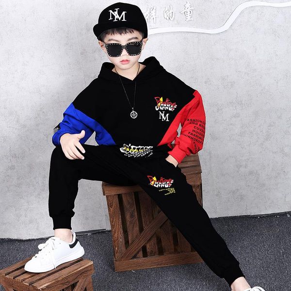 

children's clothing spring and autumn boys long-sleeved sweater hip hop pants suit hooded jacket trousers trend sports clothes two-piec, White