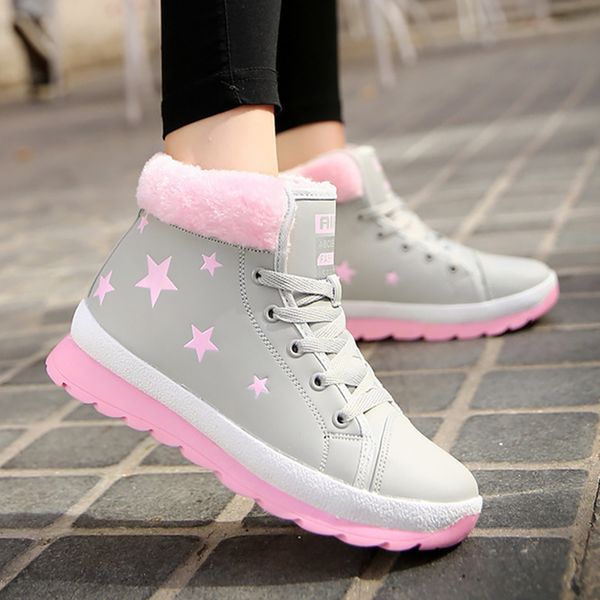 

women's ankle boots with platform fashion star plush warm pu leather boots woman winter lace up snow women, Black