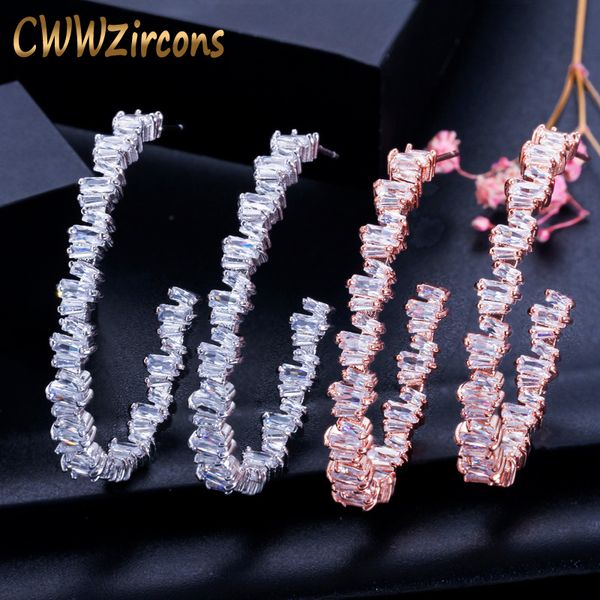 

cwwzircons luxury baguette cubic zirconia women wedding party big circle rose gold hoop earring high jewelry addiction cz439, Golden;silver