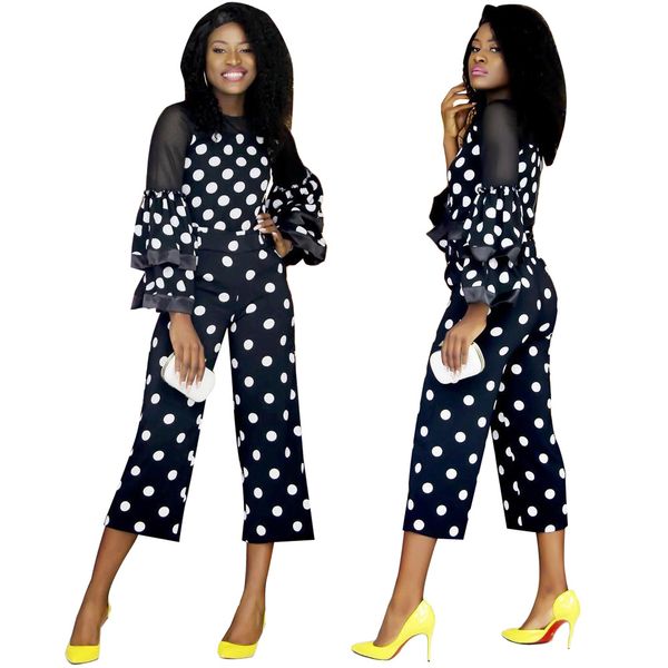 

women jumpsuit elegant polka dot playsuit casual mesh o neck long pants rompers outwear office lady overalls, Black;white