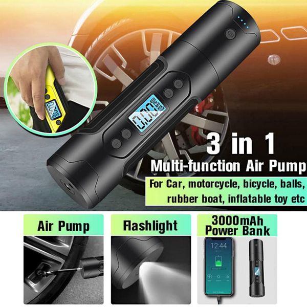 

portable lcd 4-in-1 air compressor tire pressure detector led light phone charging treasure electric pump inflator car inflator