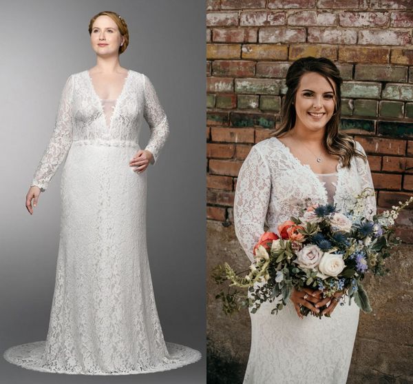 Abiti da sposa taglie forti in pizzo a maniche lunghe Scollo a V con scollo a V Abito da ricevimento di nozze country da spiaggia Robes De Mari￩e Abiti da festa da sposa