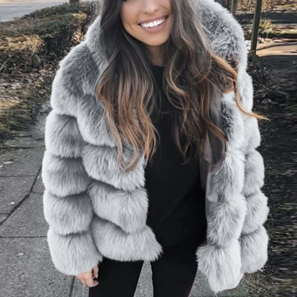 

women fashion luxury faux fur mink coat overcoat winter hooded new faux fur jacket warm thick outerwear jacket chaqueta mujer, Black