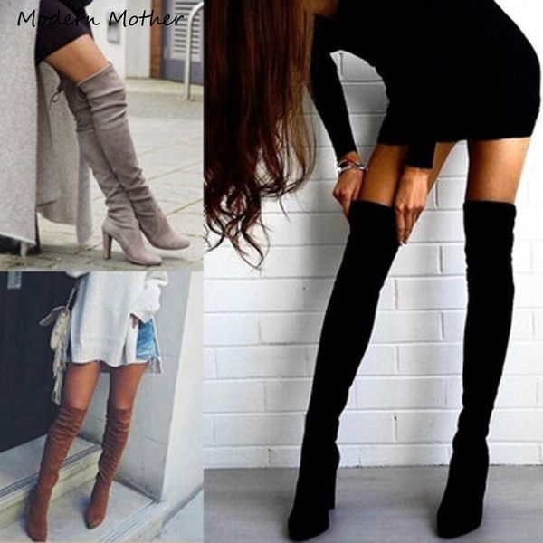 

2019 party boots fashion suede leather shoes women over the knee heels boots stretch flock winter high botas, Black