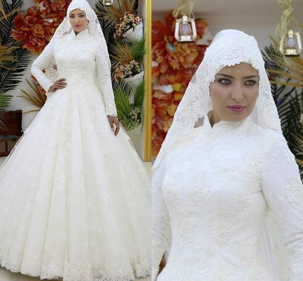 Weiße Spitze Stehkragen Langarm Muslimische Brautkleider Schnürung Drapierte Cupcake Brautkleider Hochzeitsempfangskleid Vestidos De Novia