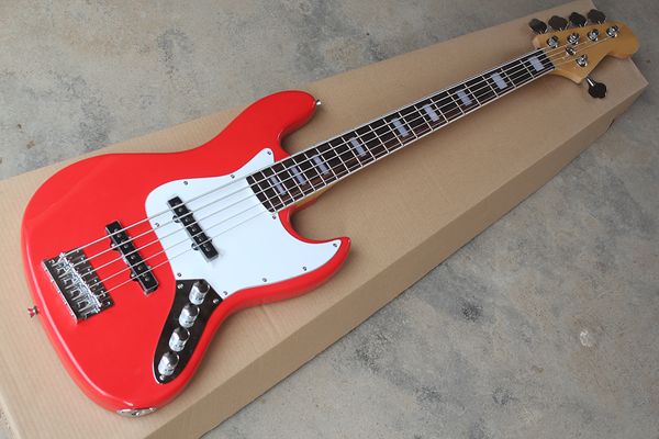 Фабрика Custom Красная 5-струнная бас-гитара с белым накладкой, Chrome Hardware, Fingerboard палисандр, могут быть настроены.