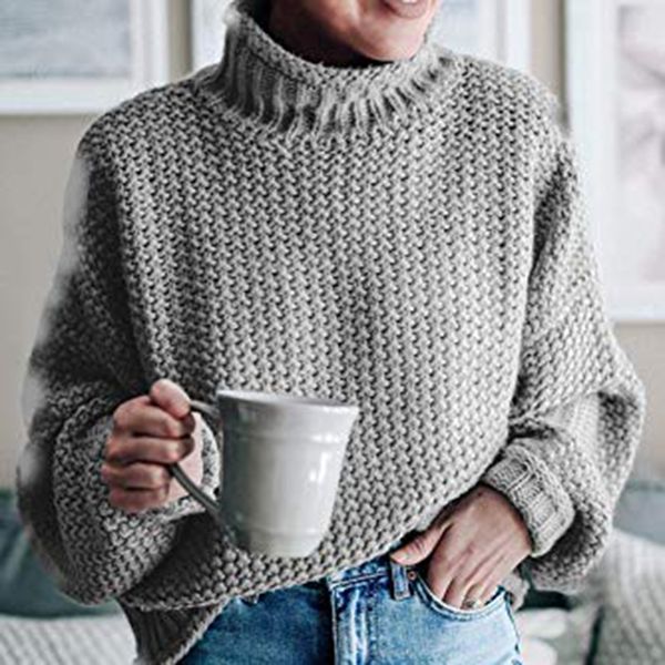 

women's loose sweater autumn and winter turtleneck pullover sweater solid color long sleeve casual 2019, White;black