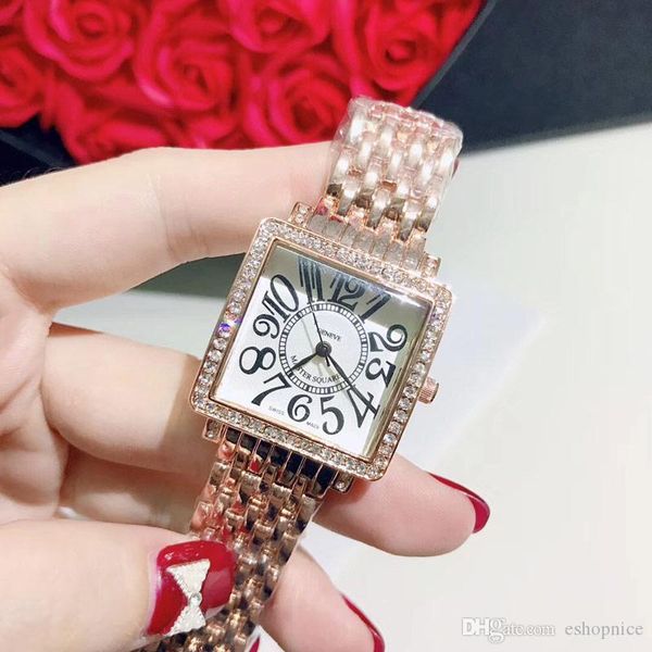 

мода дамы часы платье площади алмазный ободок полный диапазон нержавеющей стали кварцевые часы для женщин девушки розовое золото женщина, Slivery;brown