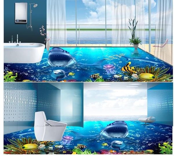 

ocean world shark 3d floor painting waterproof wallpaper for bathroom wall