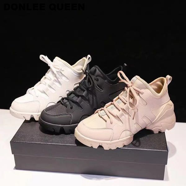 

women casual shoes old dad platform chunky sneakers flats thick sole leica loafer soft lace up shoe women zapatos de mujer, Black