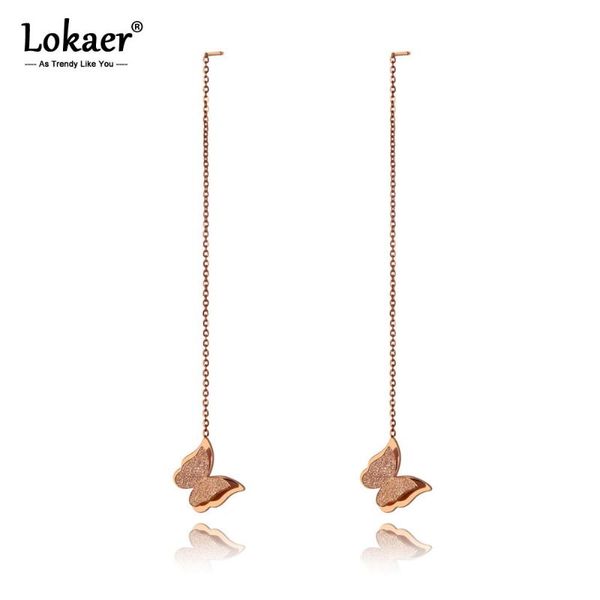 

lokaer trendy titanium stainless steel butterfly long tassel earrings for women girls cute chain dangle earring jewelry e19295, Silver