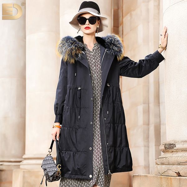 

vintage real rex fur liner parka coat women clothes 2019 korean warm raccoon fur hooded jacket female hiver 40285, Black