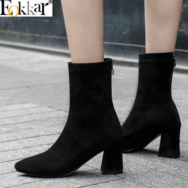 

eokkar 2020 sock boots women mid calf boots fashion zipper hoof heels pointed toe elegant women winter shoes size 34-43, Black