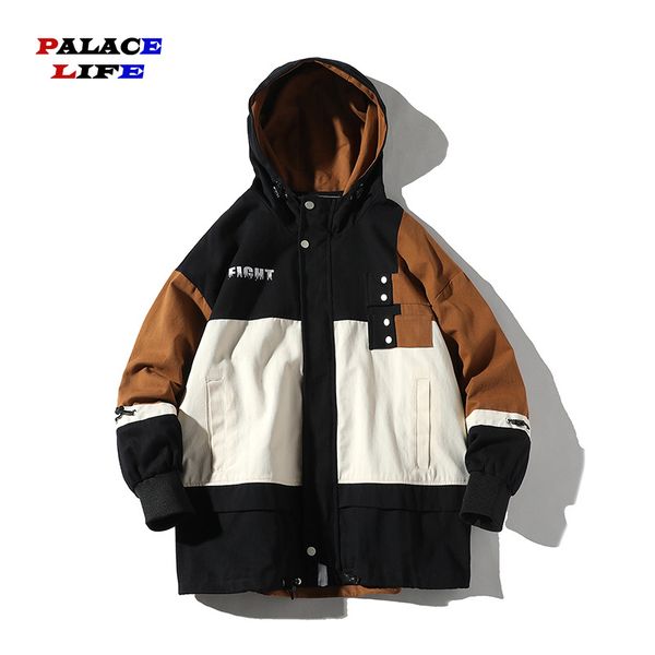 

2019 autumn new man jacket with hooded zipper tracksuit coat jackets men hip hop plus size streetwear patchwork jacket, Black;brown