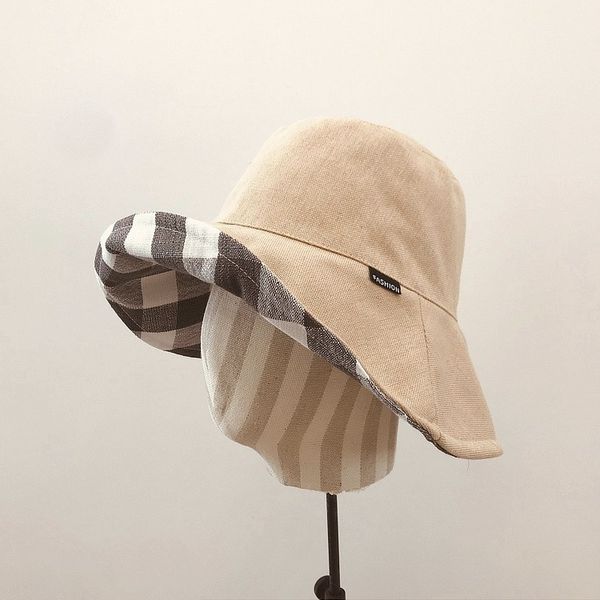 

cotton linen plaid color matching double-sided flat fisherman hat fashion wild cloth hat