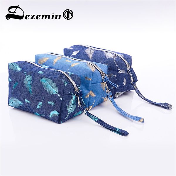 

dezemin denim feather cosmetic bag lady's bag travel make up with handle