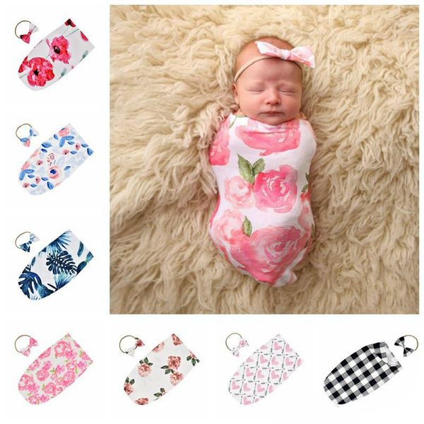 Neues Design Babyschlafsäcke Mode Baumwolle Blumenschlafsack mit Schleife Haarband Neugeborenen Kokon Schlafsack