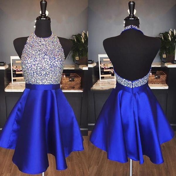 

short homecoming dress 2019 new sparkly rhinestone backless cocktail dresses crystal beaded mini prom party gowns custom made, Blue;pink