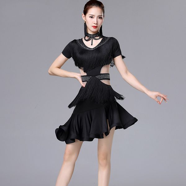 

горячие новые дамы моды латинских танцев костюмы конкурс одежда для взрослых женщина performance бахромой платье джазовый танец одежда, Black;red