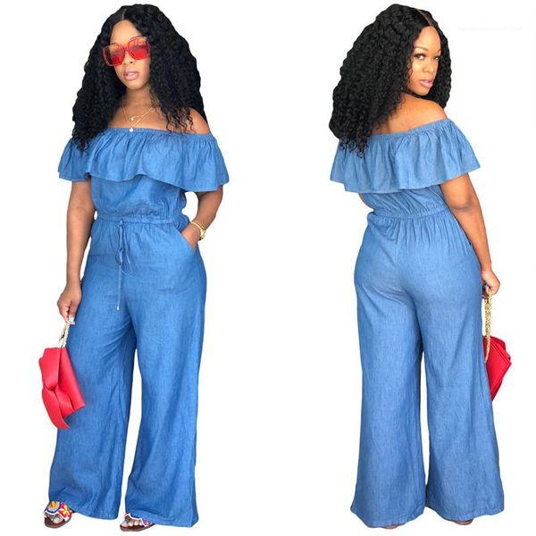 

apparel fashion panelled full length loose rompers ladies ruffle denim jumpsuits womens designer pure color breif, Black;white