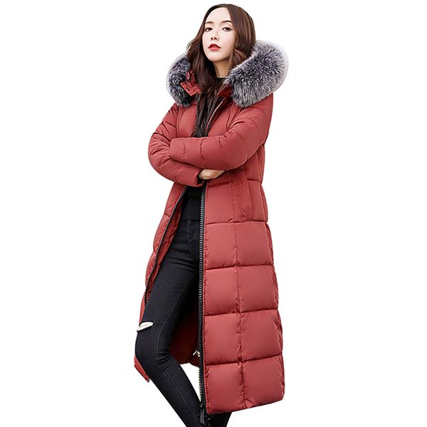 

2018 fur collar plus size 3xl women winter coat female slim hooded outerwear mujer parka new warm long down cotton jacket pj231, Black