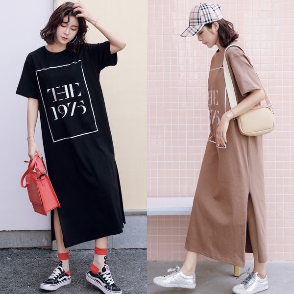 

loose plus-sized long retro dress round neck short sleeve comment summer alphabet printing korean style leisure dresses, Black;gray