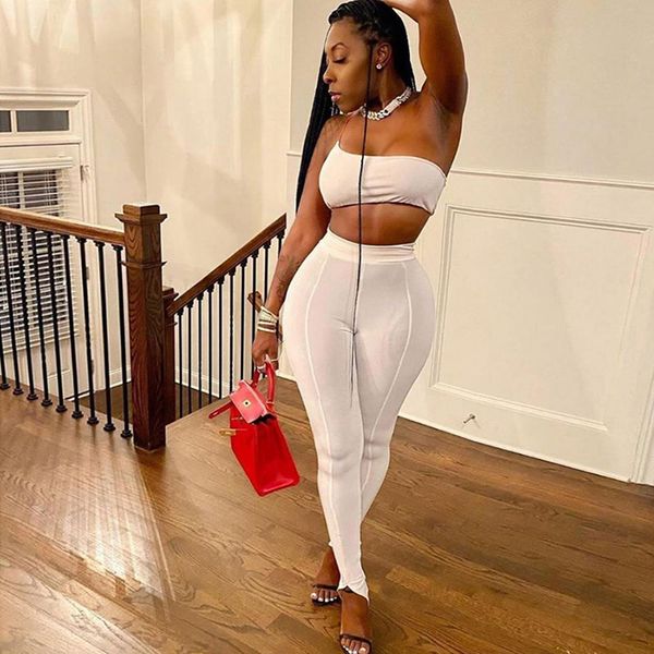 

fashion street two piece set bodycon outfit solid one shoulder tracksuit women sporty casual sets sleeveless and pants, White
